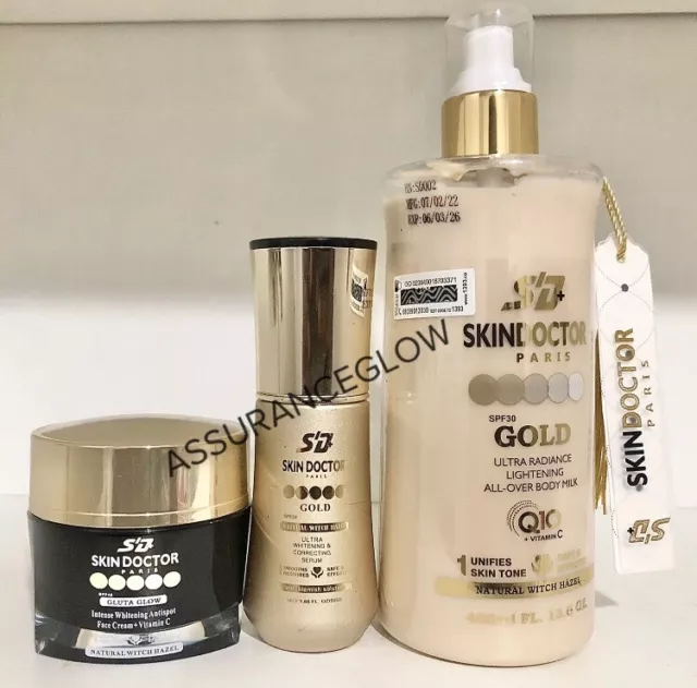 Skin Doctor Gold Skin Whitening Lotion Body Milk + Gluta Face Cream + Serum