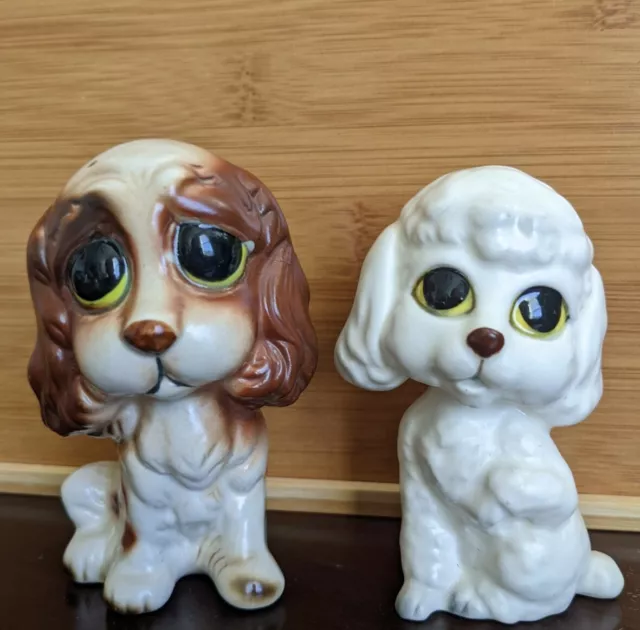 Vintage Lot of 2 Lefton Big Eyes Puppy Dog Figurines Brown Spaniel White Poodle