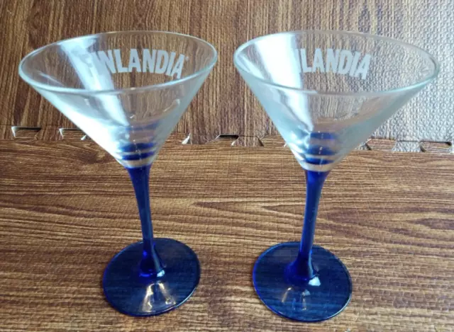 FINLANDIA VODKA MARTINI Cocktail Glasses 6.5" Cobalt Blue Stems Set of 2