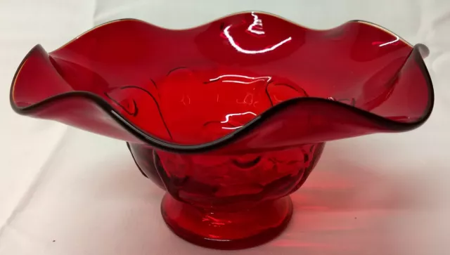 Rainbow RUBY RED Hanging Vines Embossed Scrolls Blown Art Glass Ruffled BOWL