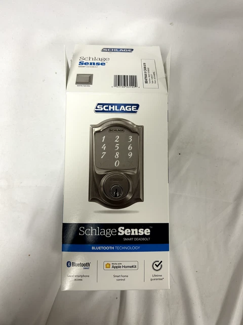 Schlage Sense Smart Deadbolt Camelot Satin Nickel Bluetooth New BE479AA V CAM619 Schlage Sense Smart Deadbolt Camelot Satin Nickel Bluetooth New BE479AA V CAM619