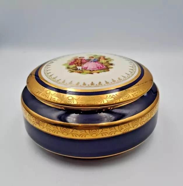 Bonbonnière Porcelaine signé REVOL Limoges cobalt bleu décor main Fragonard, or