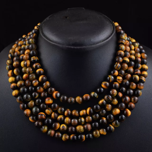 1045 Cts Natural 5 Strand Golden Tiger Eye Round Shape Beads Necklace JK 13E423