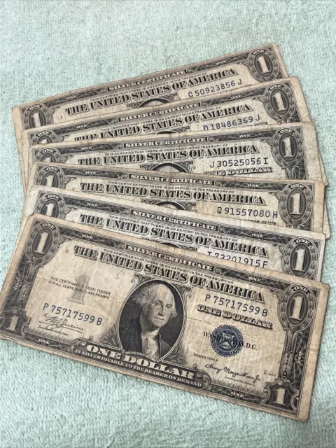 1935 silver certificate lot of 6 notes, 1935A, D, E, E, G,G. All Very Circulated