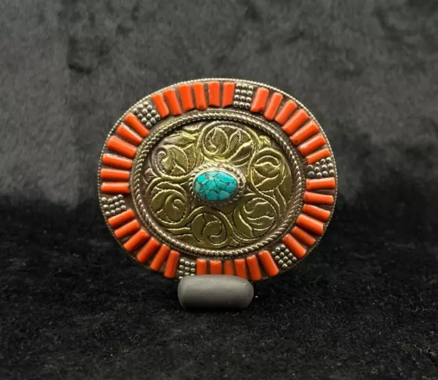Unique Vintage Nepali Silver Plated Belt Buckle With Turquoise And Coral Stone