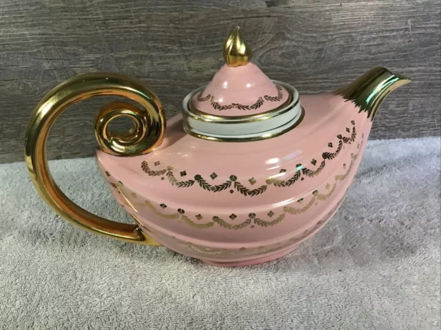 Vintage Hall Pink Gold Label Aladdin Teapot Tea Pot Swag Design w/ Infuser-EUC