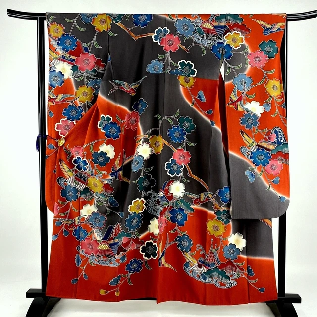 Japanese kimono SILK"FURISODE" long sleeves, Dyed Dark-orange/ gray, L63"...1511