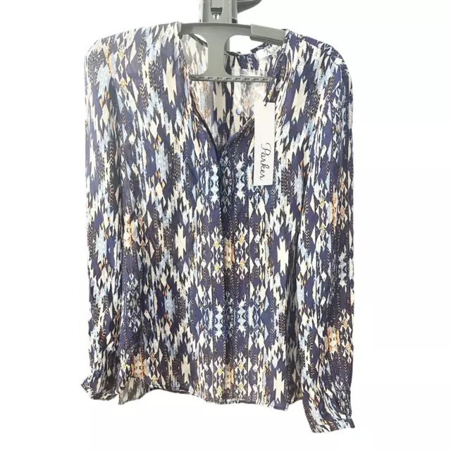 Parker Women Silk Long Sleeve Button Up Tunic Blouse Blue Sz XS Aztec Ikat Print