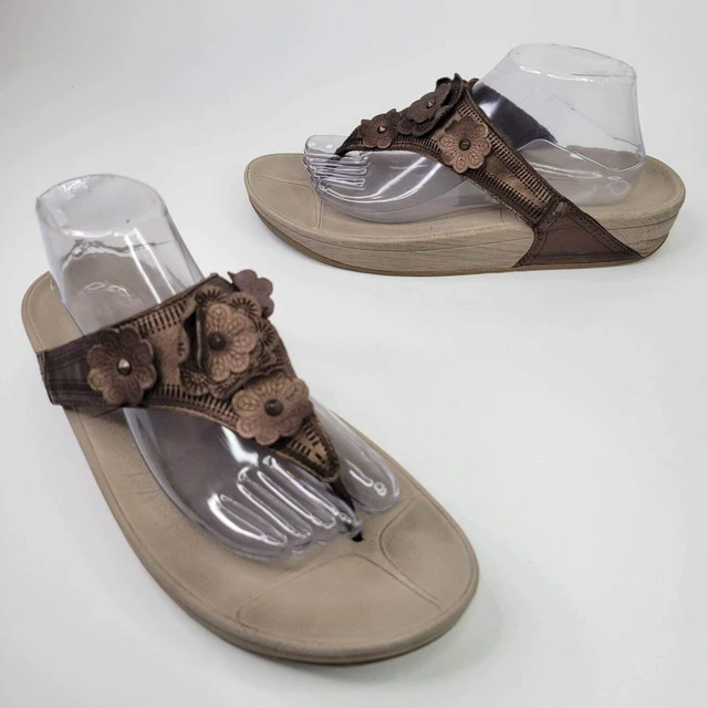 FITFLOP Lulu Flower Brown Leather Rhinestone Thong Sandals Size US 11