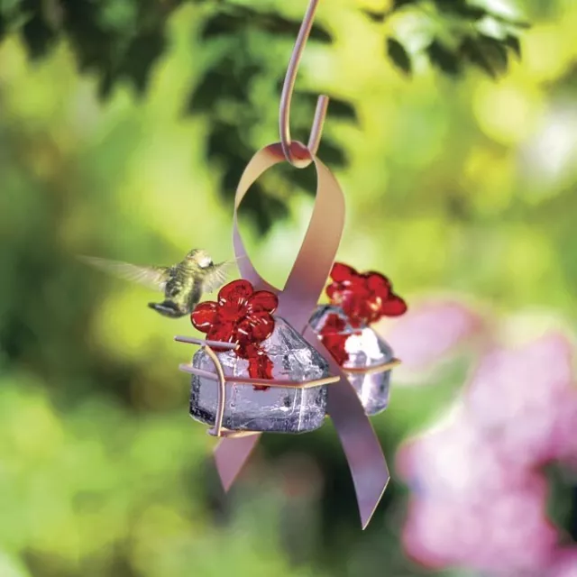 Recycled Hand Blown Glass Hummingbird Feeder - Breast Cancer Pink Ribbon