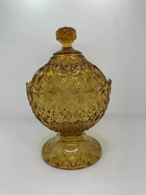 1970s Vintage Fenton OVG Honey Amber Glass Covered Footed Candy Dish