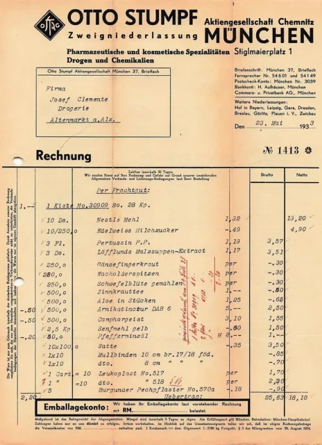 alte Rechnung Quittung 1933 Otto Stumpf München Chemnitz AG + Übertrag 2teilig