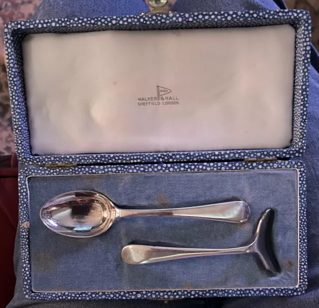 Vintage Walker & Hall Baby Christening Spoon & Pusher Boxed Silver Plated