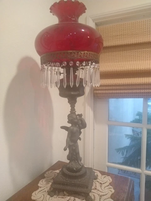 ANTIQUE GLASS CHERUB Ruby Red  BANQUET PARLOR VICTORIAN ANGEL LAMP