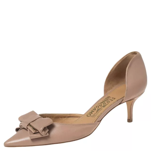 Salvatore Ferragamo Beige  Leather  Bow Rietta D’orsay Pointed Toe Pumps