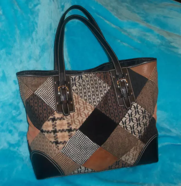 FOSSIL Patchwork Leather Canvas Tote Shoulder Bag - LARGE - BROWN, BLACK