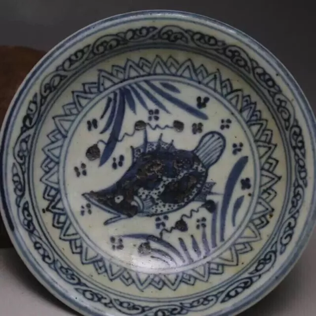 Chinese Old Blue and White Fish & Waterweeds Pattern Porcelain High-Foot Bowl s8 2