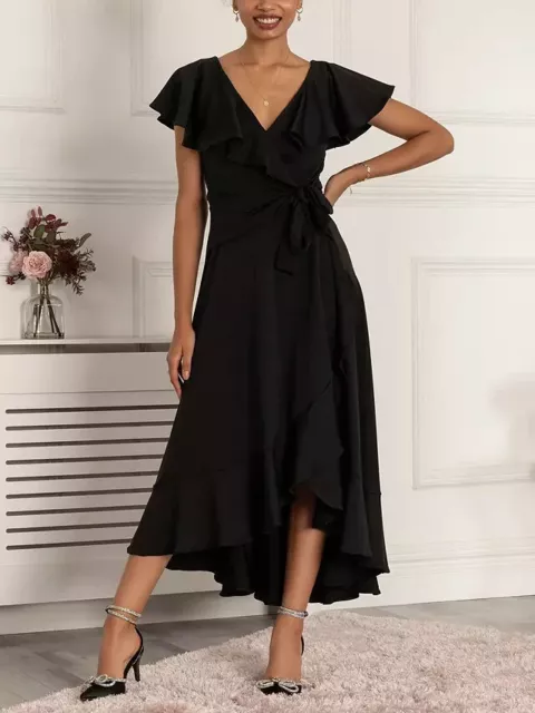 JOLIE MOI Priya Frill Dipped Hem Midi Dress In Black Size UK 20 BNWT RRP £69