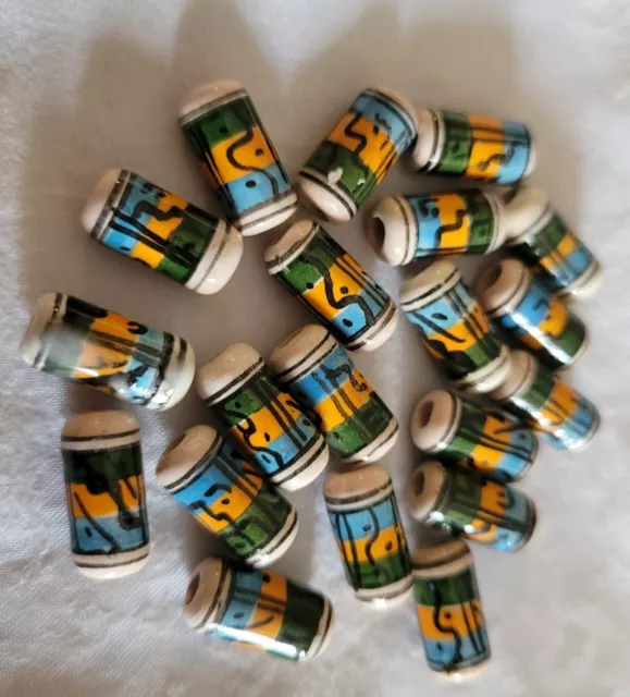 20 Keramik Perlen 14mm Zylinder gelb, blau, gelb, grün, schwarz / Inka Muster