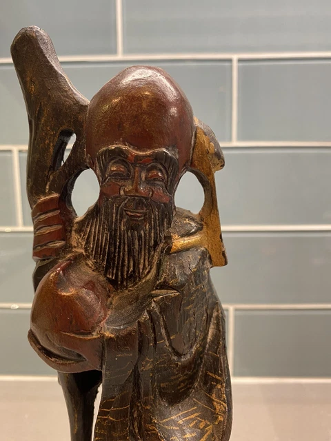 Immortal God of Longevity Statue Hand Carved Wood Chinese Shou Lao