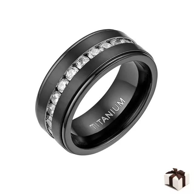 8MM Black Titanium Mens Princess Cut Black CZ Brushed Wedding Ring Promise Band