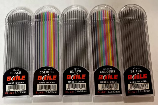 5  Bailey 12 Colours Pencil Leads 2mm Color / Black  Refills for Art Sketching