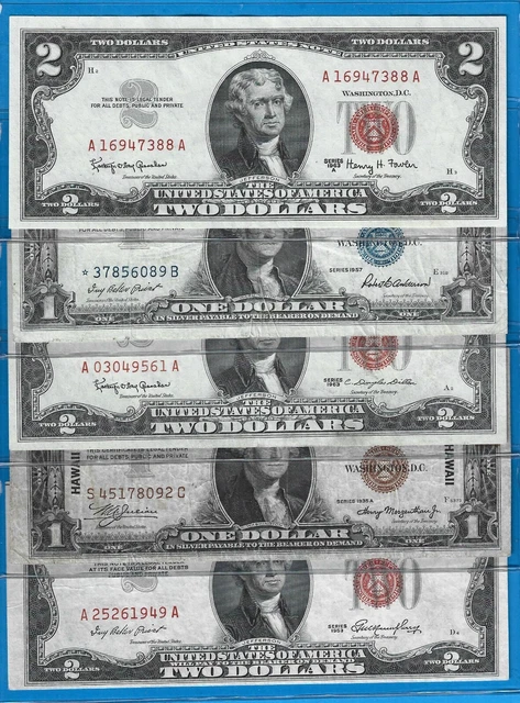 1935-1963 $2 USN/$1 SC Star/$2 USN/$1 Hawaii/$2 USN,5)Notes,Red/Blue/Brown,F/VF