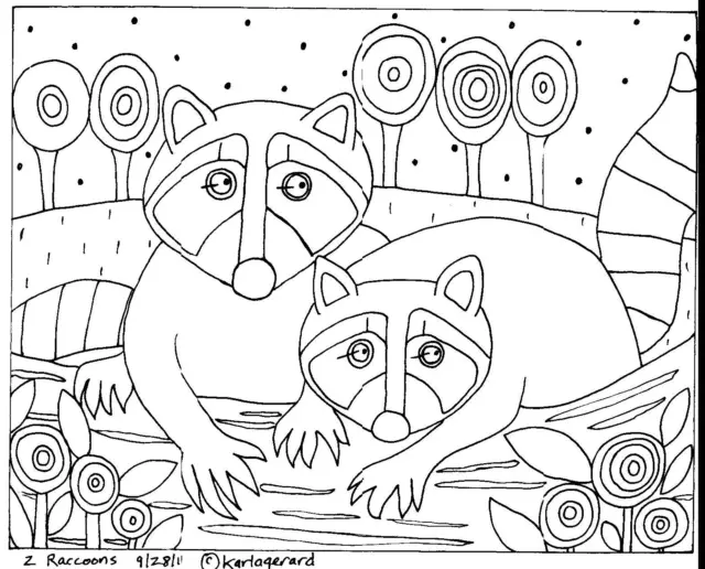 2 Raccoons RUG HOOKING CRAFT PAPER PATTERN Folk Art Abstract Karla Gerard