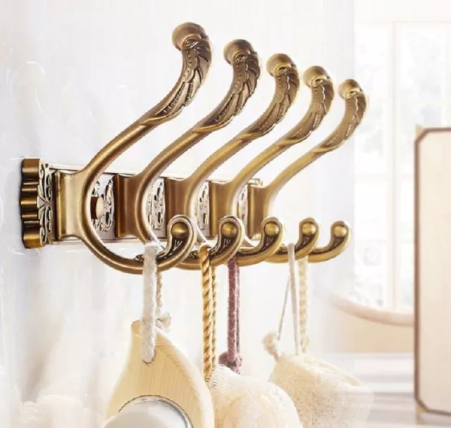 5 Hooks Clothes Hanger Bathroom Wall Mount Carved Hook Coat Rack Antique Gold