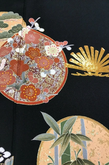 @@Japanese vintage kimono/ tomesode black silk fabric/ plum blossom, bamboo A61 3