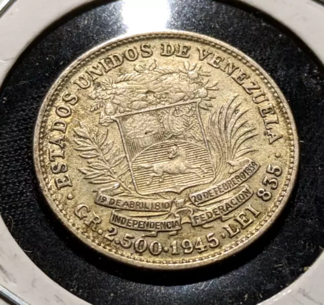 1945 Venezuela 1/2 Bolivar (.835) Silver Coin Y#21a