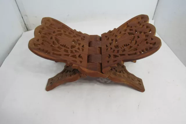 Vintage Wood Book Holder Folding Bible Cookbook Stand Hand Carved Folds Flat