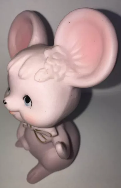 Vintage Pink Ceramic "She" Mouse Figurine Mid Century Bisque ~ Ring Holder ~