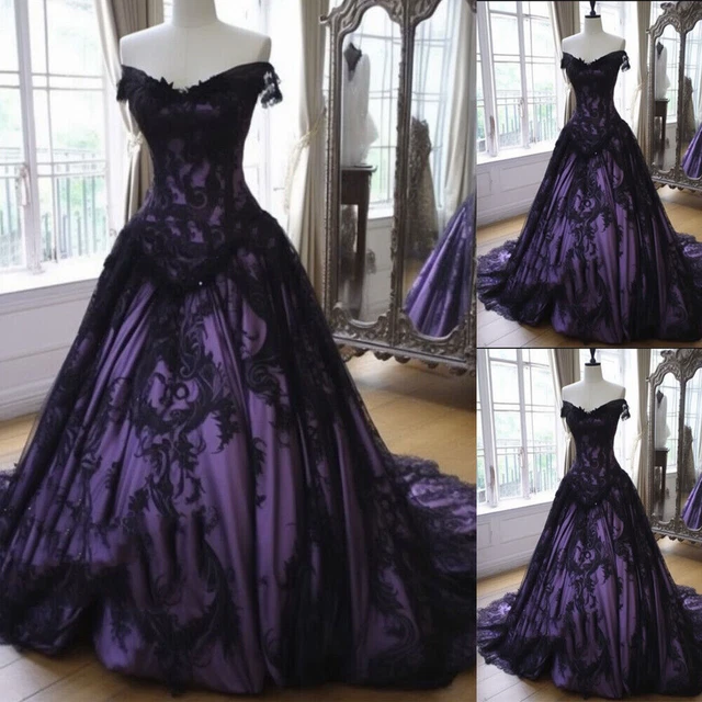 GOTHIC BLACK AND Purple Wedding Dresses Long Sleeves Corset A Line Bridal  Gowns 158.00 - PicClick UK