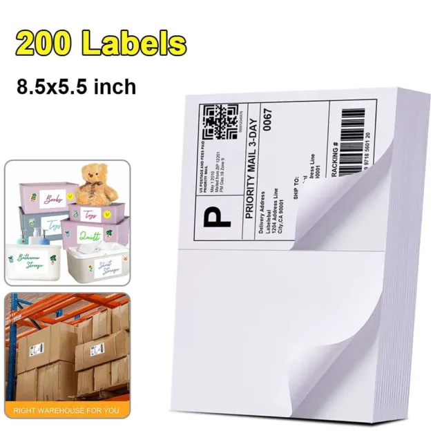 200 Half Self Shipping Labels 8.5" x 5.5" Self Adhesive Sticker 2 Per Sheet