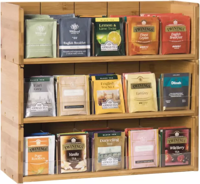 Bamboo Tea Bag Organizer Storage Box, 3 Tier Stackable Tea Bag Box Natural Wood,