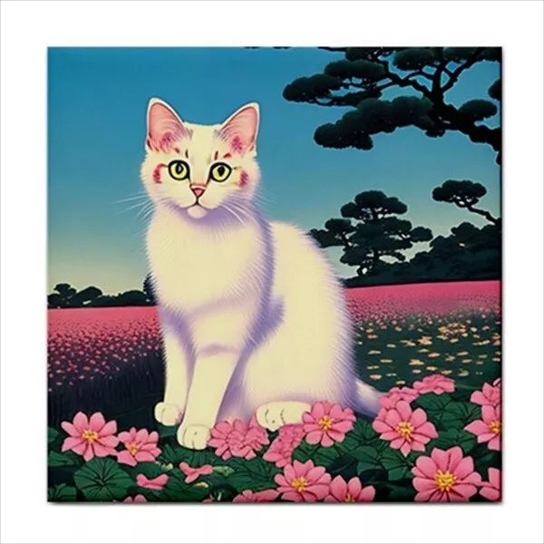 White Cat Japanese Style Ukiyo-e Art Ceramic Tile Art Craft Border Backsplash
