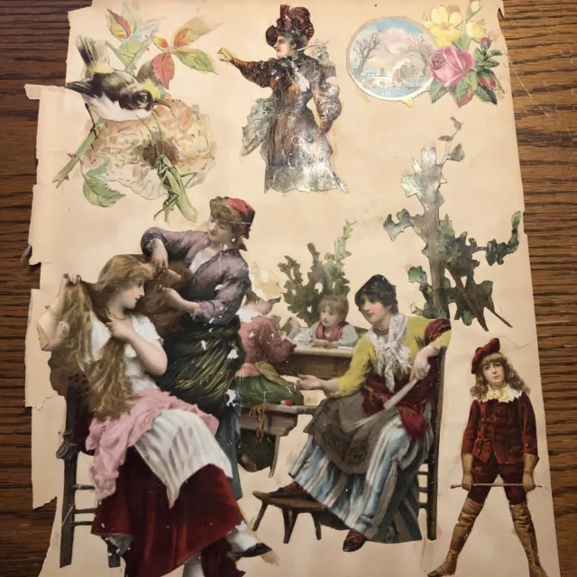 Página de libro de recortes troquelada de colección del siglo XIX con hermosas tarjetas y troquelados en ambos lados