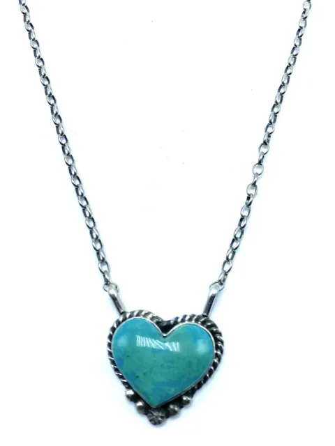 Native American Sterling Silver Natural Kingman Turquoise Heart Bar Necklace