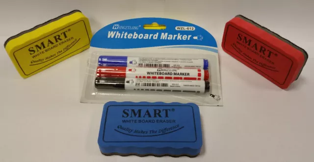 3x Whiteboard magnetisch Schwamm + 3x Stift  für Weißwandtafel Eraser Löscher