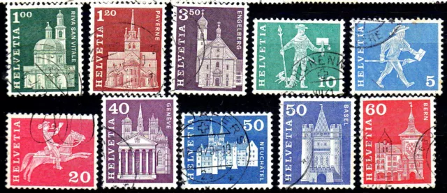 lot, série de 10 timbres stamps Used 1965 monument architecture suisse Helvetia