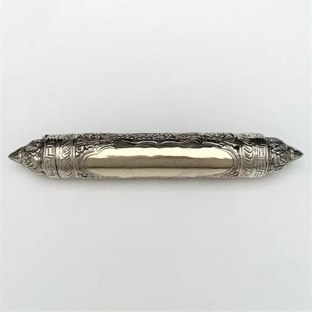 Rare Judaica/Middle East Sterling Silver Mezuzah/Scroll & Case/Holder