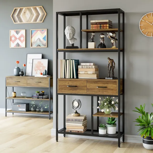 Industrial Bookcase Shelving Unit 5 Tier Rustic Wood Storage Bookshelf Organizer