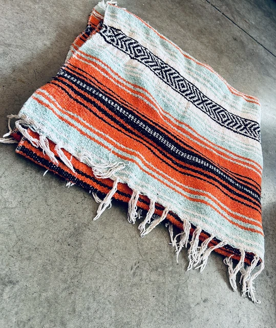 Mexican Blanket Orange Gray  Black Yoga Fringe 35" x 58"