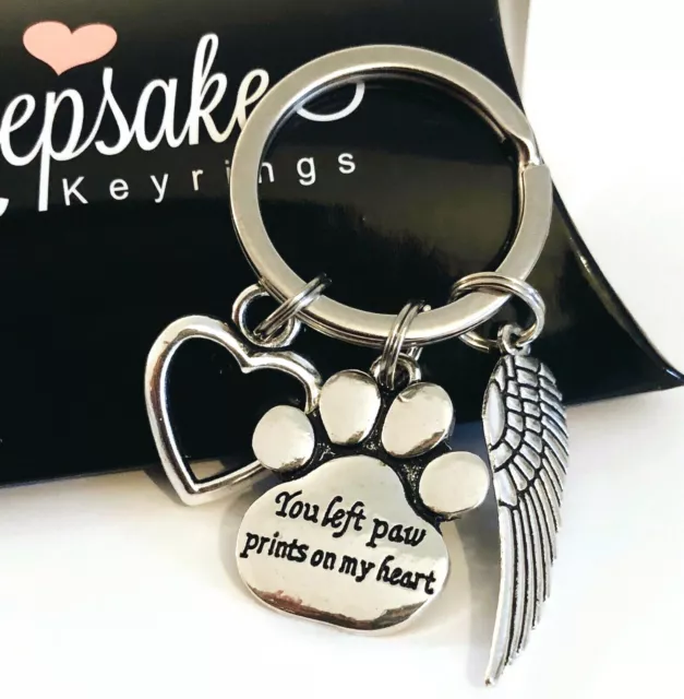 In Memory Of Pet Dog Cat Bereavement Keyring Memorial Angel Paw Print Heart