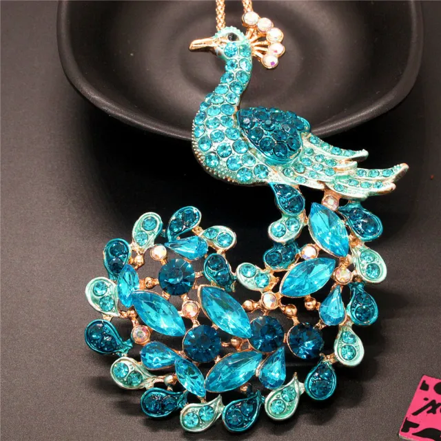 Betsey Johnson Blue Crystal Peacock Bling Animal Pendant  Chain Necklace