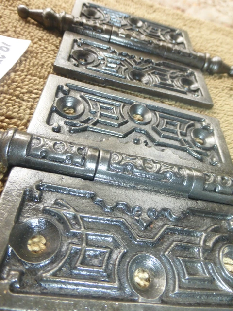 TWO Antique Cast Iron VERY ORNATE 3.5"x3.5" Steeple Tip Hinges 102720 D
