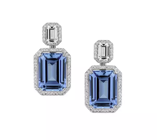 Gorgeous Clear Sea Purplish Blue Emerald Cut 22.4CT Tanzanite & White CZ Earring