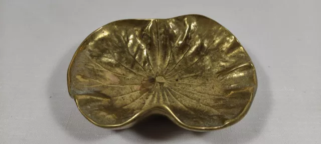 Vintage Virginia Metalcrafters Solid Brass Lotus Leaf Dish Ash Tray Trinket 1948