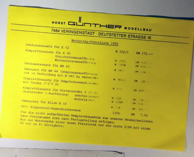 Neuheiten-Preisliste Günther Modellbahnbau 1985